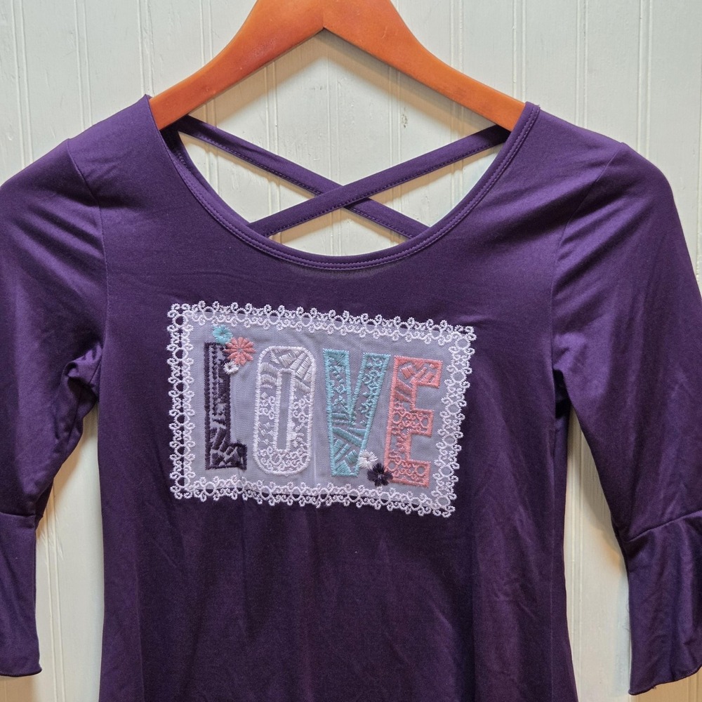 One Step Up Tunic Top Girls 10-12 Purple LOVE Embroidered 3/4 Bell Sleeve Shirt
